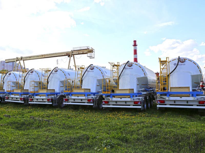 Many cargo tank truck in a parking lot in Krasnogorsk, Russia royalty free stock photos